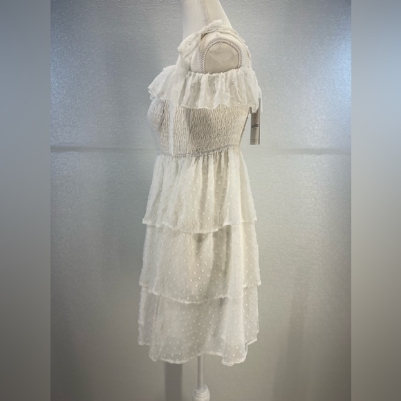 Square Neck Puff Sleeves Ruffle Midi Dress Boho Swiss Dot Tie Back Smocked Dress - Picture 6 of 17